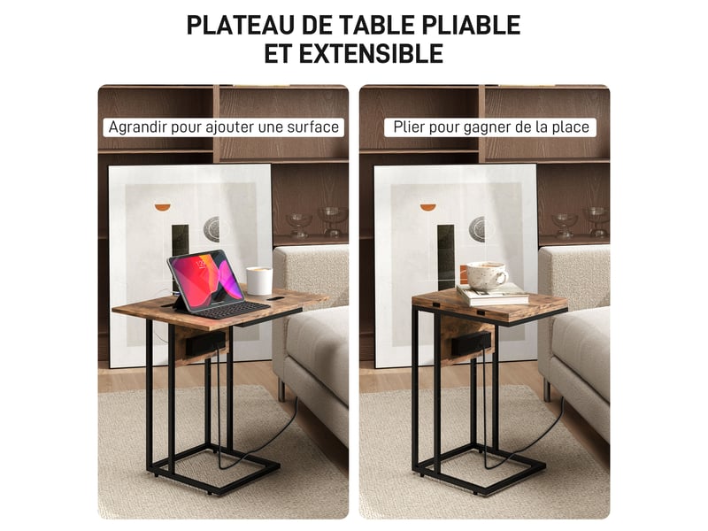  Table d'appoint bout de canapé avec station de charge, plateau pliable, brun rustique et noir, 39 x 29 x 57 cm  - Conforama D
