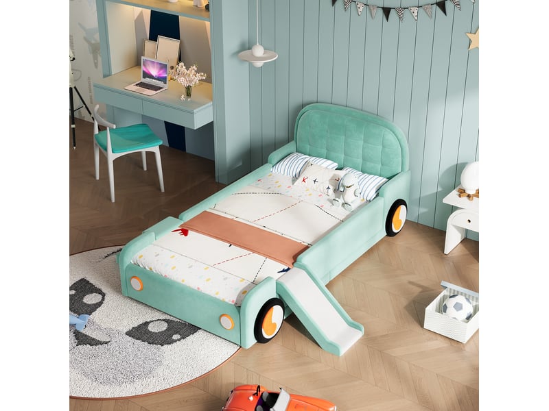  Lit enfant 90 × 200 cm voiture avec toboggan, escalier réversible et protections rembourrées pour chambre enfant  - Conforama E