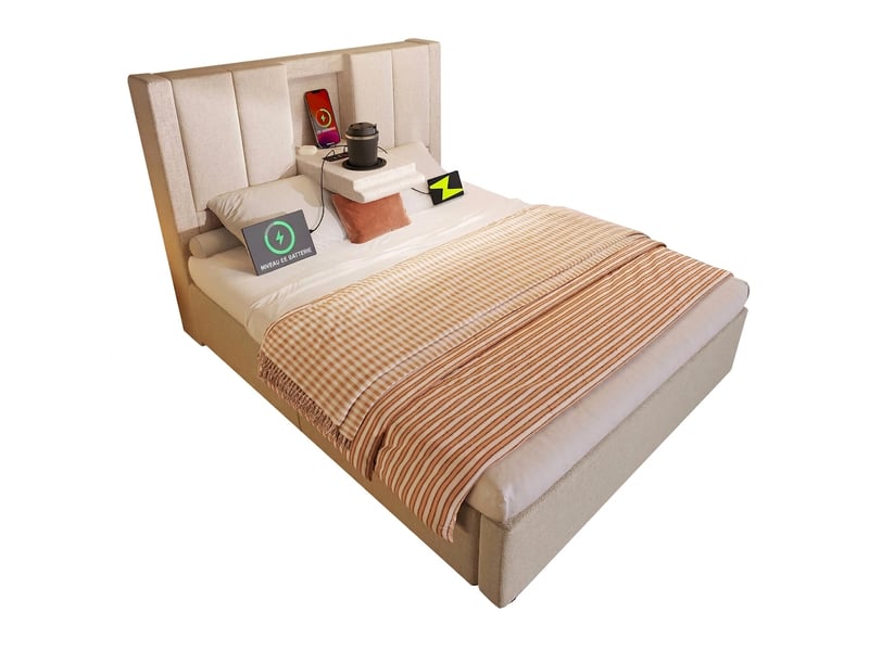  Lit coffre 90x200 cm avec port usb et porte-gobelet, sommier inclus, beige  - Conforama A
