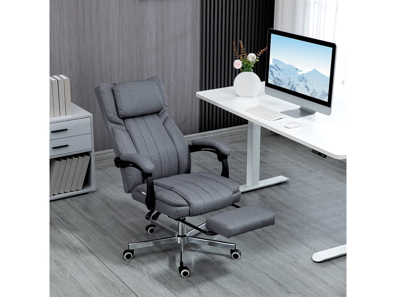  Fauteuil de bureau avec fonction massage, dossier inclinable, repose-pieds extensible, aspect lin, gris, 65 x 61 x 118 cm  - Conforama C