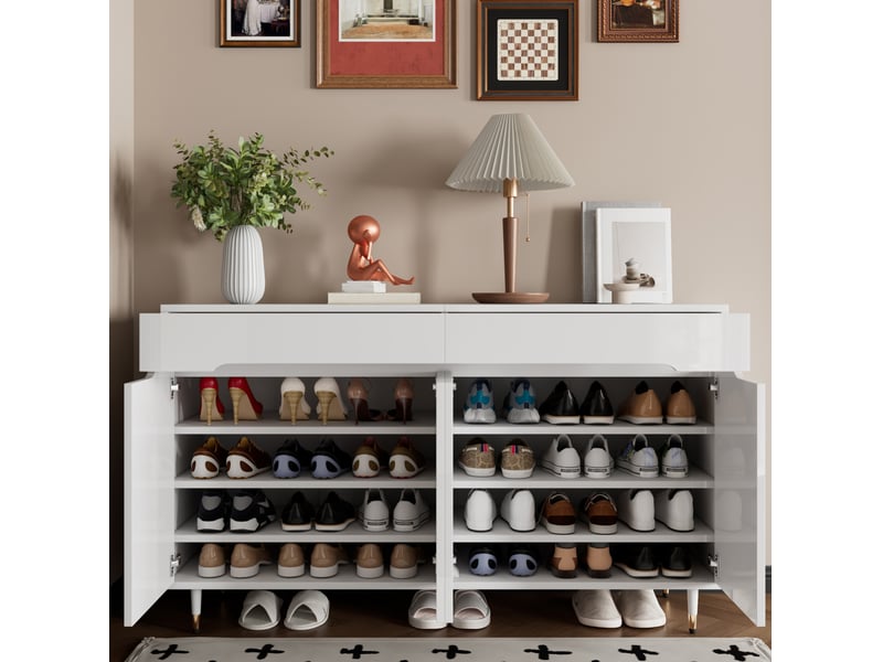  Meuble à chaussures ulevr avec rangement 18 à 24 paires, 140 x 39 x 84 cm, 2 portes, 2 tiroirs, étagères réglables, blanc et pieds dorés  - Conforama D