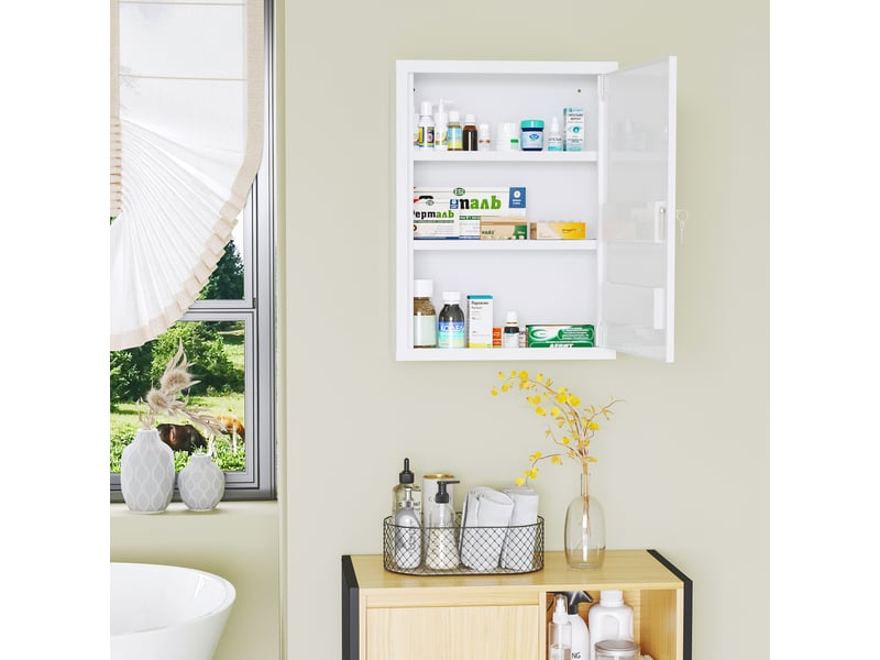  Armoire à pharmacie à 3 niveaux, armoire de premiers secours avec serrure et 2 clés pour cuisine et salle de bain, 40 x 15 x 53,5 cm, blanche  - Conforama D