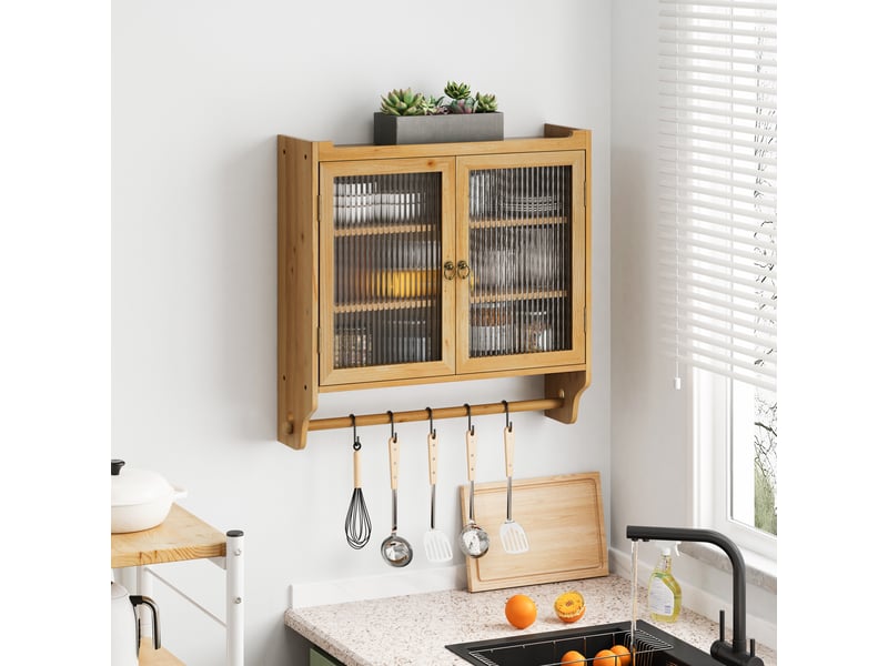 Meuble haut cuisine 63x18x60cm, armoire de rangement avec 2 portes en verre trempé, bois, couleur naturel - Conforama B