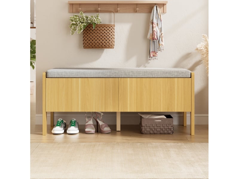  Meuble d'entrée avec espace de rangement, assise rembourrée et côtés en rotin pour couloir, gris naturel, 113 × 40 × 45,5 cm  - Conforama C