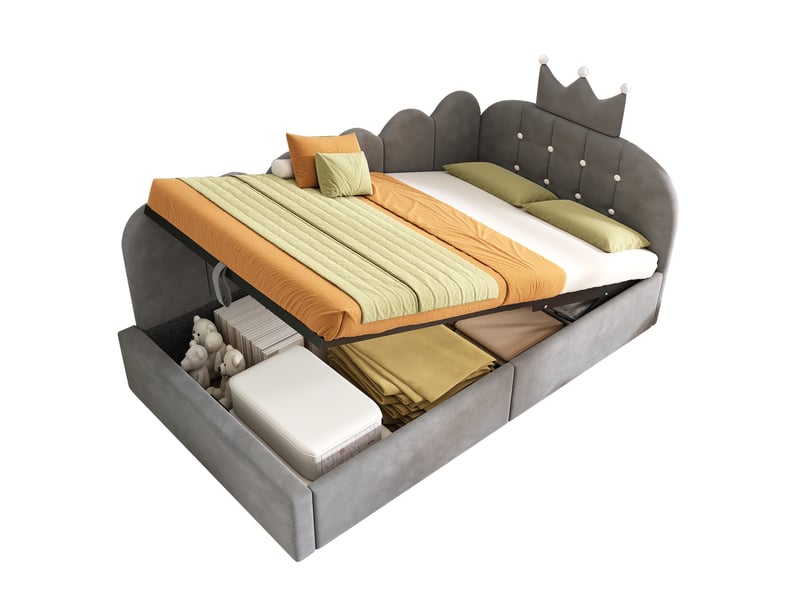  Lit banquette coffre 90 × 200 cm en velours gris, rangement hydraulique et tête en l motif couronne Fay Lum - Conforama A