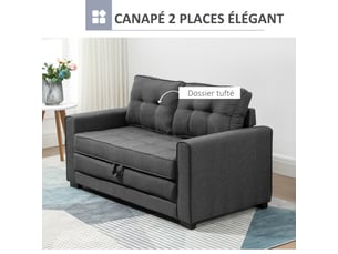 Canapé droit convertible 2 places - dossier capitonné - gris - 147,5 x 75 x 85 cm