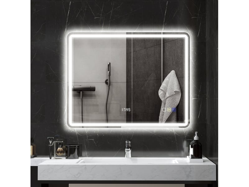 Miroir de salle de bain led 70 x 90 cm avec bluetooth, anti-buée et horloge argenté evryae - Conforama B