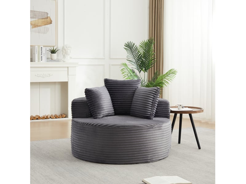 Fauteuil rond 1 place avec 3 coussins et larges accoudoirs en velours côtelé gris, 110 × 110 × 82 cm  - Conforama D