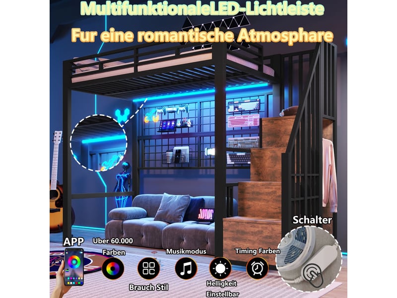  Lit mezzanine 90x200cm avec armoire et led - lit ado - échelle de rangement, cadre métal , grille, lit simple - noir  - Conforama D