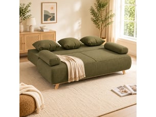 Canapé droit convertible <strong>FLORAGRACE</strong> <strong></strong> 3 places Velours côtelé vert avec coffre de rangement