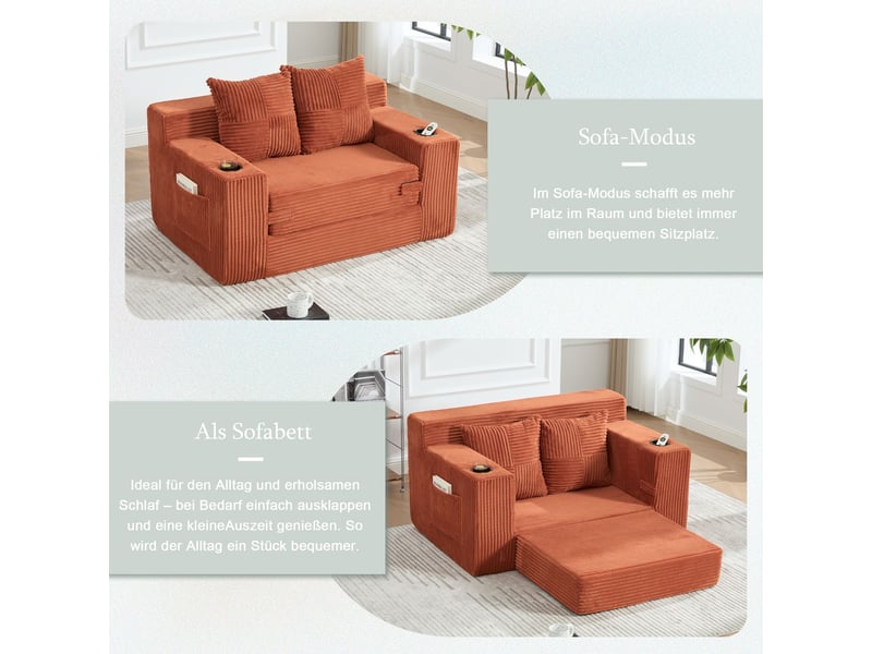  Canapé-lit format double assise confortable revêtement en cachemire deux coussins inclus porte-gobelet intégré repose-pieds décoratif rangement latéral  - Conforama D