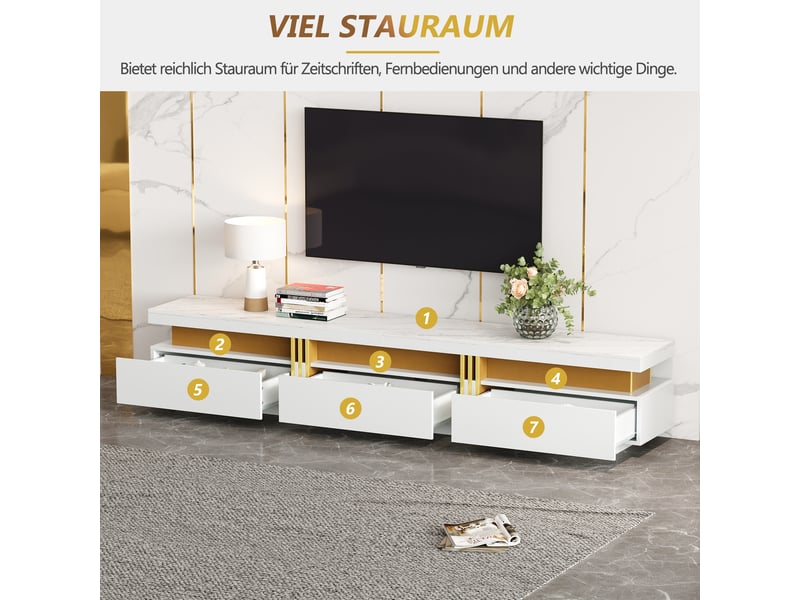 Ensemble meuble tv blanc et table basse, effet marbre brillant et détails dorés, rangement moderne avec 5 tiroirs pour salon - Conforama R