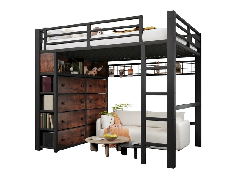  Lit mezzanine 140x200 avec 8 tiroirs et led métal noir  - Conforama A