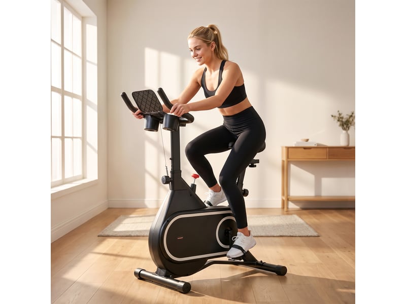  Vélo d'appartement avec selle et guidon réglables, écran lcd, volant d'inertie de 4 kg et porte-bouteille, noir  - Conforama D