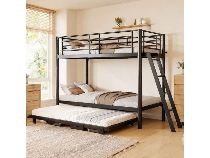 Lit superposé métal 90 x 200 cm avec lit gigogne, couchage d’appoint extractible, gain de place, noir ABC - Conforama E