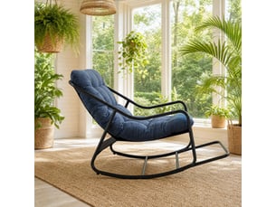 Fauteuil à bascule extérieur en acier noir avec coussin bleu marine épais, réglable, pour votre détente