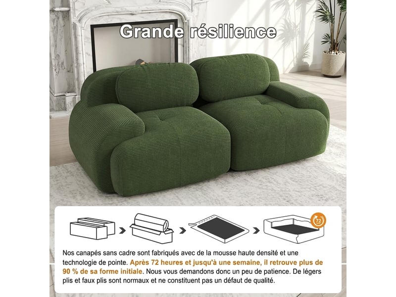  Canapé 2 places velours côtelé modulable sans cadre avec accoudoirs incurvés vert  - Conforama E