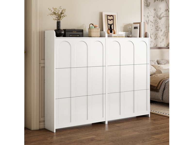  Meuble à chaussures ulevr à 6 portes abattantes, 12 étagères, 140 x 25 x 120 cm, mdf blanc  - Conforama B