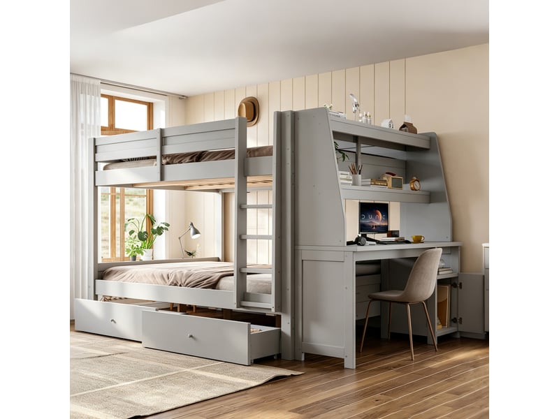  Lit superposé 2 places 140x200 cm avec bureau, armoire, étagères et 2 tiroirs - bois gris  - Conforama E