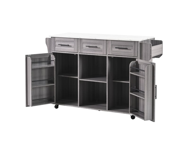  Desserte de cuisine avec 3 tiroirs, 4 portes et tablette rabattable, sur roulettes, pour cuisine en mdf gris et blanc  - Conforama A
