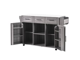 Desserte de cuisine avec 3 tiroirs, 4 portes et tablette rabattable, sur roulettes, pour cuisine en mdf gris et blanc
