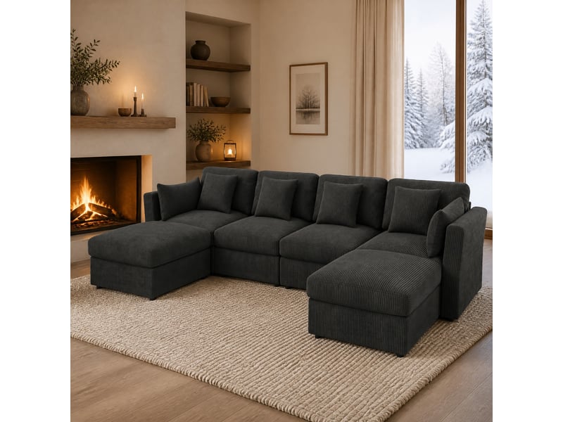Canapé panoramique en u 4 à 6 places, accoudoirs réglables - velours côtelé gris - 290 × 159,5 × 89 cm - Conforama C