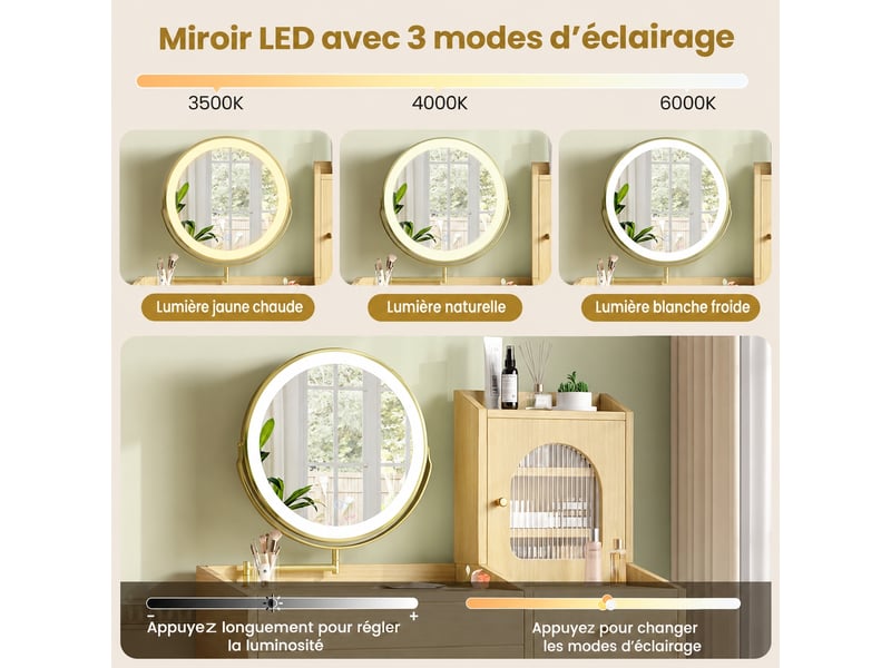 Coiffeuse avec miroir lumineux pivotant, 2 portes vitrées, 3 tiroirs, aspect bois naturel, 100 x 40 x 131 cm - Conforama D