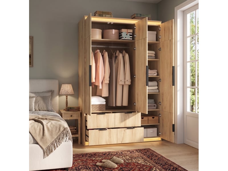  Armoire 135x47x200 cm avec miroir et led, 1 tringle, 4 tiroirs, mdf, coloris bois chambre et dressing pour dressing  - Conforama E