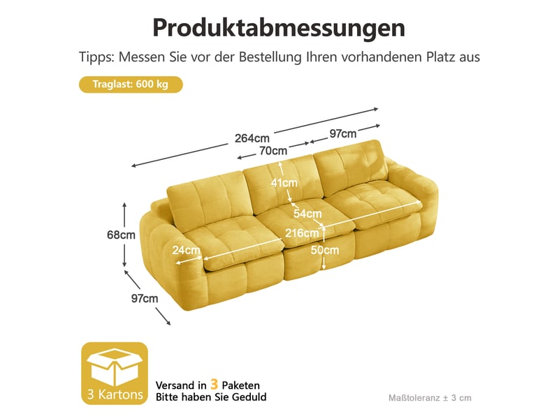  Canapé modulaire 3 places sans structure, assise ergonomique et coussins épais matelassés en chenille jaune  - Conforama C