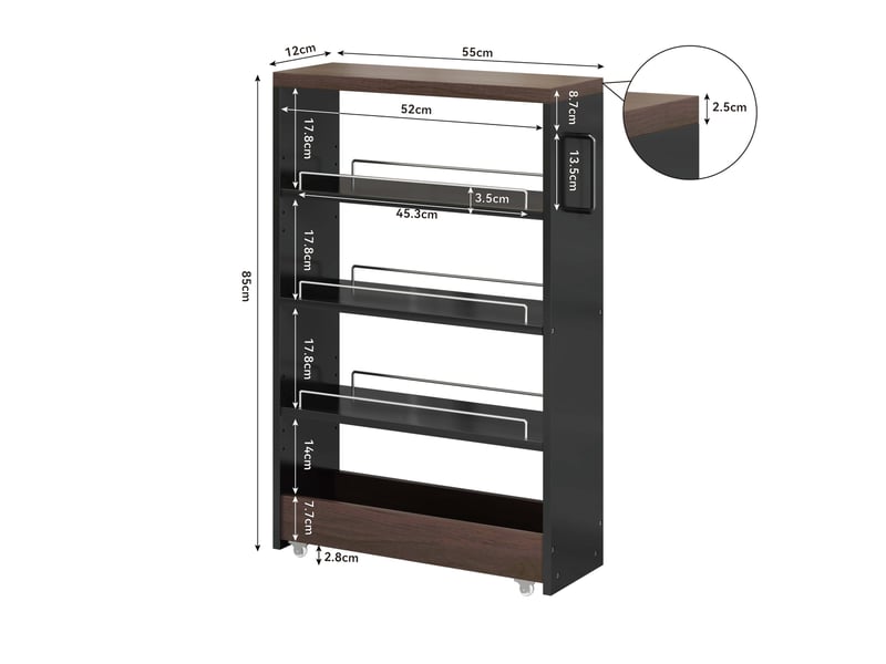  Desserte de rangement étroite 55x12x85 cm – 4 étagères réglables sur roulettes – noir et marron pour salle de bain  - Conforama C