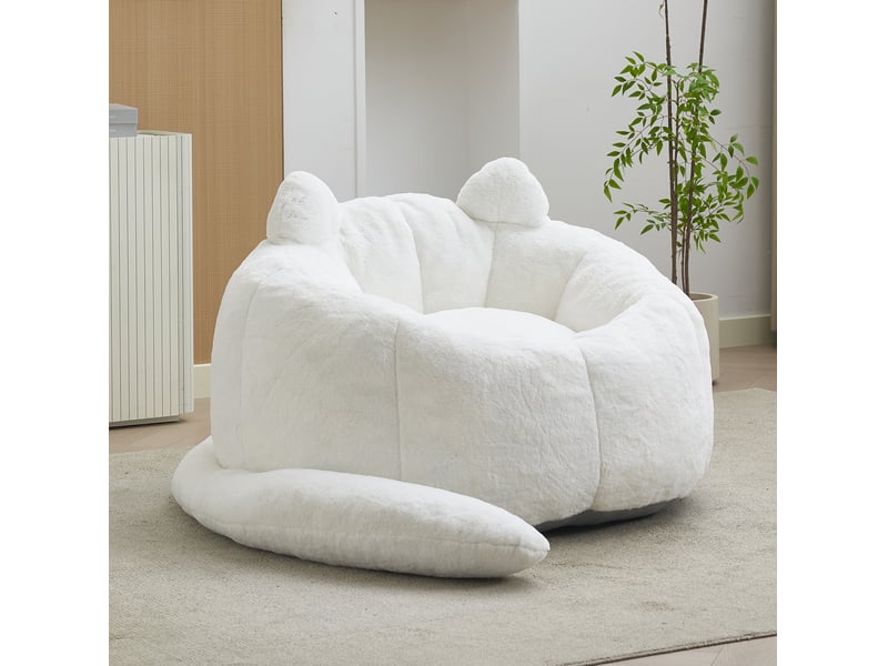 Fauteuil poire adulte forme chat 112x112x77 cm, sans installation, confort moelleux, tissu velours doux, blanc - Conforama C