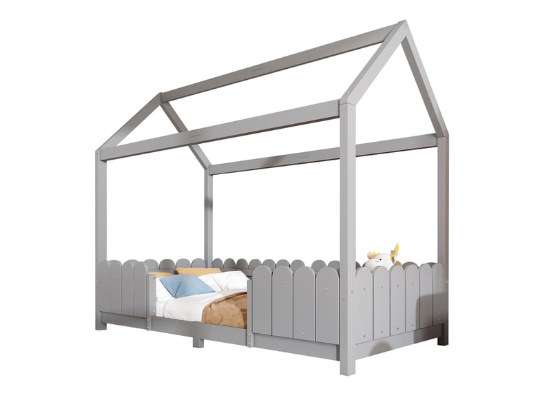  Lit cabane enfant 90x200 cm avec barrières et sommier à lattes gris  - Conforama A