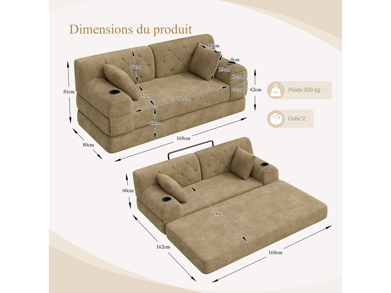  Canapé droit convertible 2 places en velours côtelé kaki 168 x 80 x 81 cm, dossier haut, porte-gobelets, salon 168x80x81cm - Conforama C
