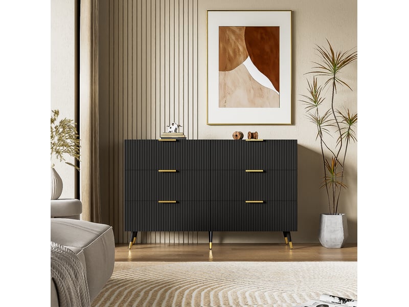  Commode 120x40x77cm, chiffonier avec 6 tiroirs de rangement, meuble salon, aggloméré, noir  - Conforama R