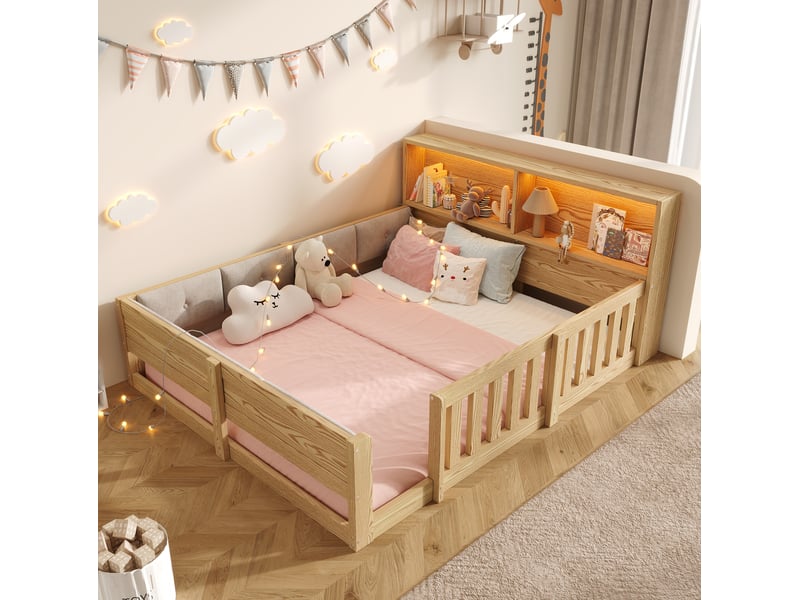  Lit jeune 2 places 140x200 cm équipé de rangement, barrières et led, aspect naturel  - Conforama B