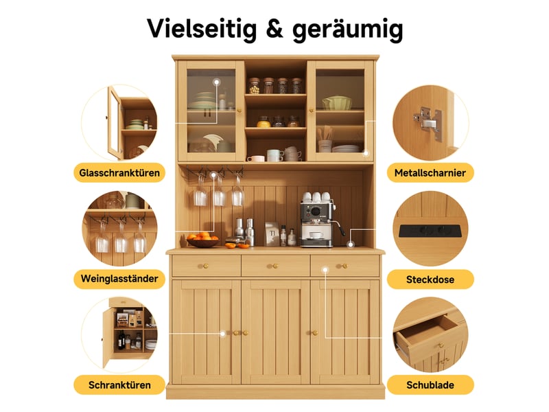  Buffet haut avec portes en verre tiroir et prises coloris naturel 120x40x191 cm N634D0014E - Conforama D