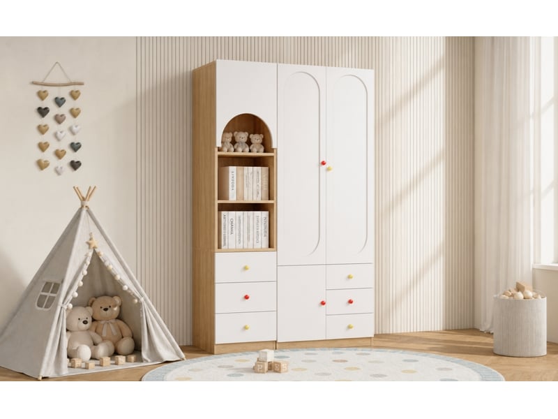  Ensemble armoire 2 portes avec étagère, meuble chambre, blanc et effet bois, rangement pratique polyvalent  - Conforama E