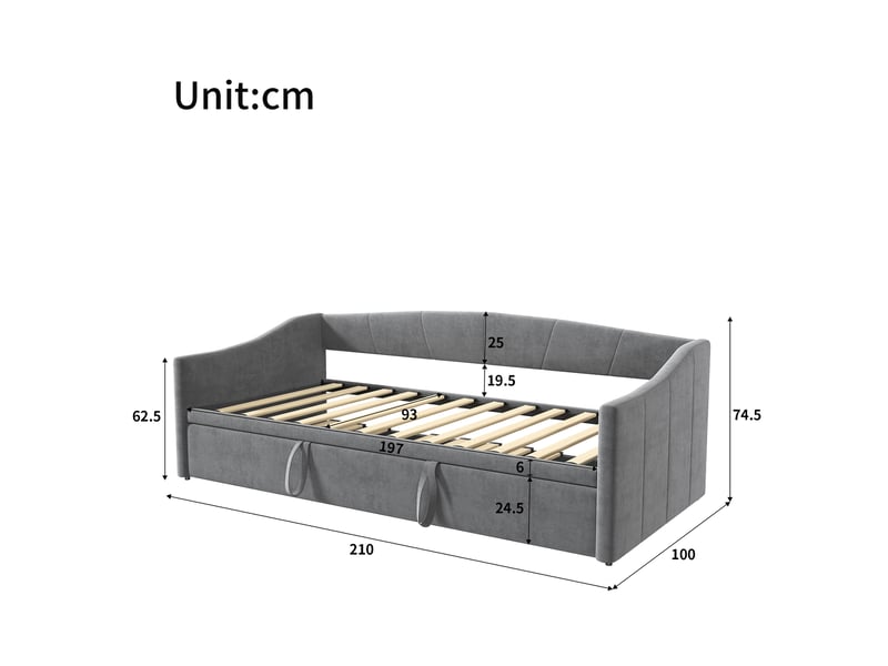 Canapé-lit 90/180 x 200 cm, lit de jour convertible pour 2 adultes, lit rembourré avec lit d'appoint coulissant et sommier à lattes, convertible en lit d'appoint, velours, gris, sans matelas - Conforama E