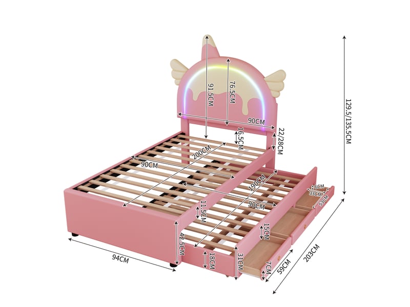  Lit enfant 90 x 200 cm rose avec lit gigogne et tiroirs, tête de lit licorne  - Conforama C