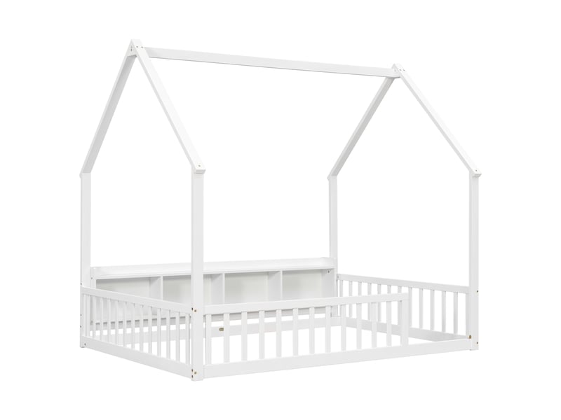  Lit cabane au sol 140 × 200 cm, 4 rangements intégrés, barrières et toit ouvert, pin et panneaux de bois, blanc  - Conforama A