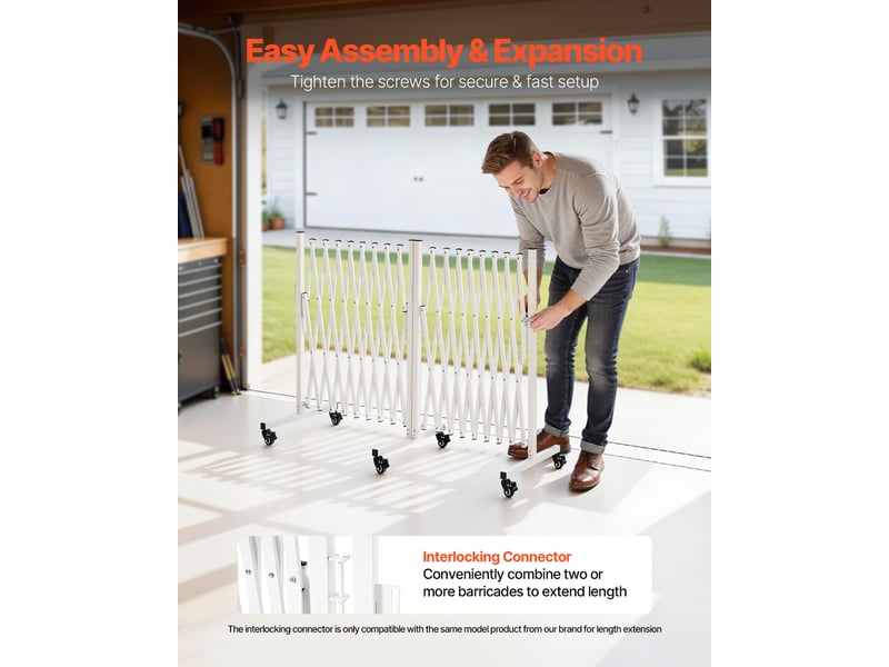  Vevor barriere de securite extensible double barriere accordeon rotative 0-180° cloture pliable 5,48 m pour terrasse, jardin, escaliers, mobile, roulettes a verrou, longueur retractee 62 cm, blanc  - Conforama E