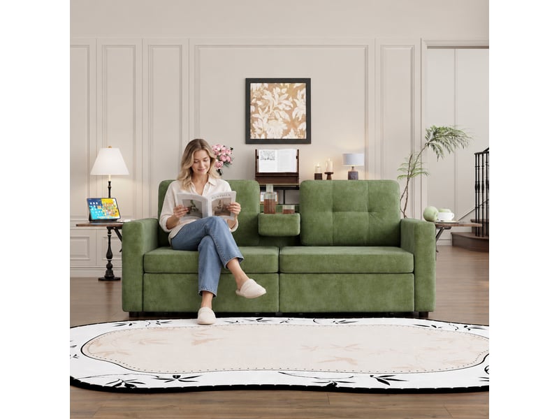 Canapé droit 2 places en chenille 178 x 71 cm avec rangement intégré, tablette rabattable, porte-gobelets et assise réglable - vert - Conforama E
