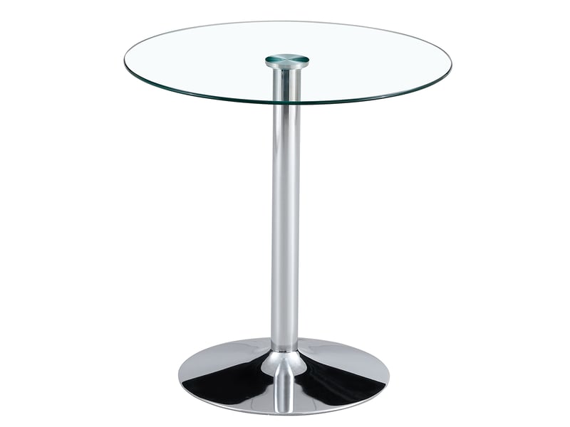  Table de bar ronde avec plateau en verre transparent et base en métal argenté, diamètre 89 cm, hauteur 92 cm  - Conforama A