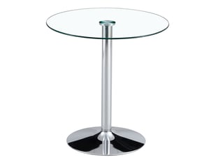 Table de bar ronde avec plateau en verre transparent et base en métal argenté, diamètre 89 cm, hauteur 92 cm
