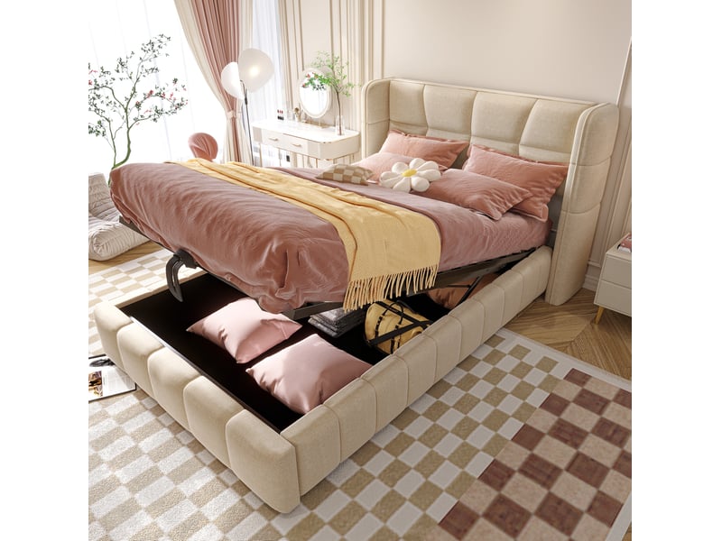  Lit avec coffre, 90x200 cm, lit simple, solution de rangement caché, tête de lit, tissu et lin et métal, coloris beige  - Conforama B