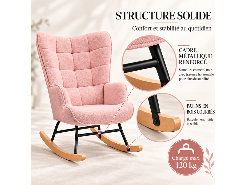Fauteuil à bascule teddy, fauteuil berçant allaitement haut dossier avec accoudoirs, chaise berçante confortable pour lecture, salon, chambre bébé, adulte - Conforama W