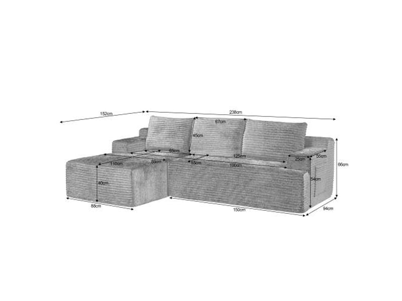  Canapé d’angle l (à gauche) modulable 4 places 238 x 152 x 66 cm, assise profonde, convertible et sans montage, velours côtelé, noir OMNIGLINT TRADING LTD - Conforama D