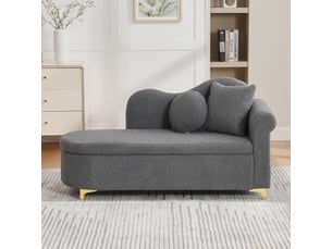 Méridienne avec coffre de rangement, coussins lombaire et nuque, dossier ondulé, tissu effet mouton gris antique