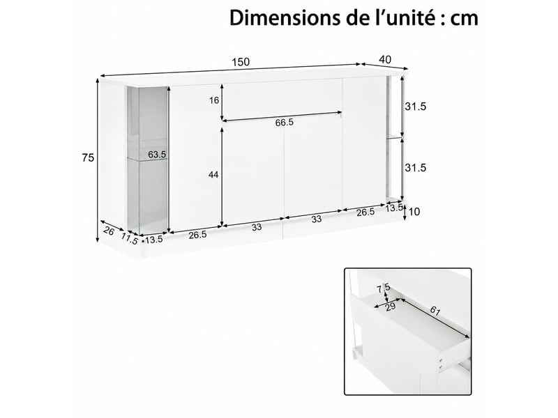  Buffet blanc avec deux vitrines en verre, éclairage led intégré, largeur 150 cm  - Conforama C