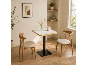 Table à manger carrée avec plateau effet marbre, pied métallique, blanc